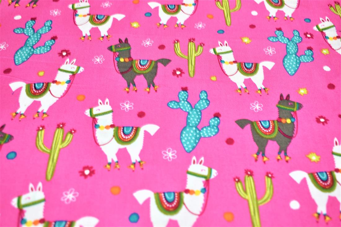 Pink Llama & Cactus Printed 100% Cotton Fabric