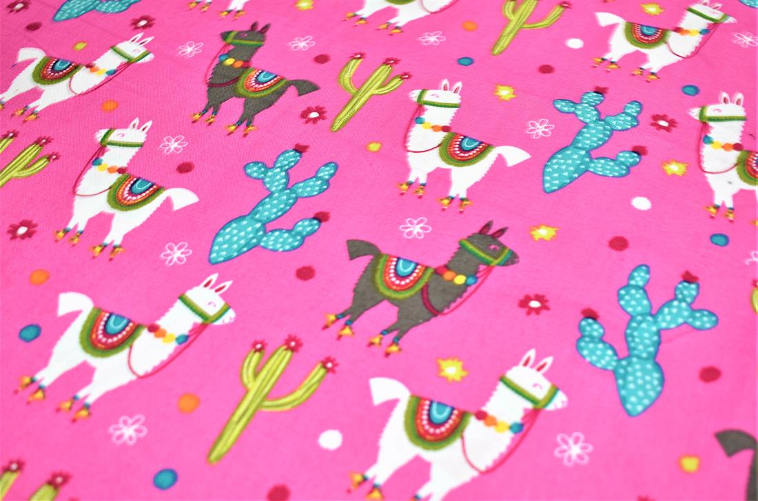 Pink Llama & Cactus Printed 100% Cotton Fabric