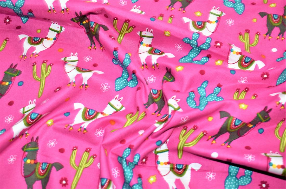 Pink Llama & Cactus Printed 100% Cotton Fabric