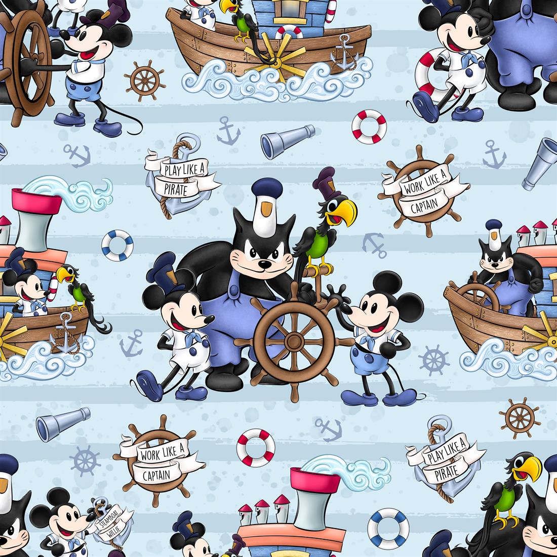 Light Blue Steamboat Willie The Gang Digitally Printed Crafty Cottons…