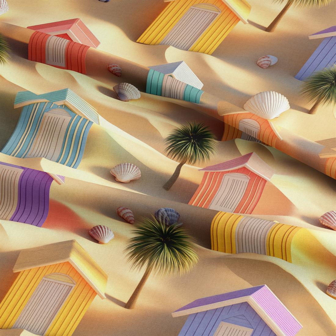 Beige Sandy Beach Huts Crafty Cottons Fabric