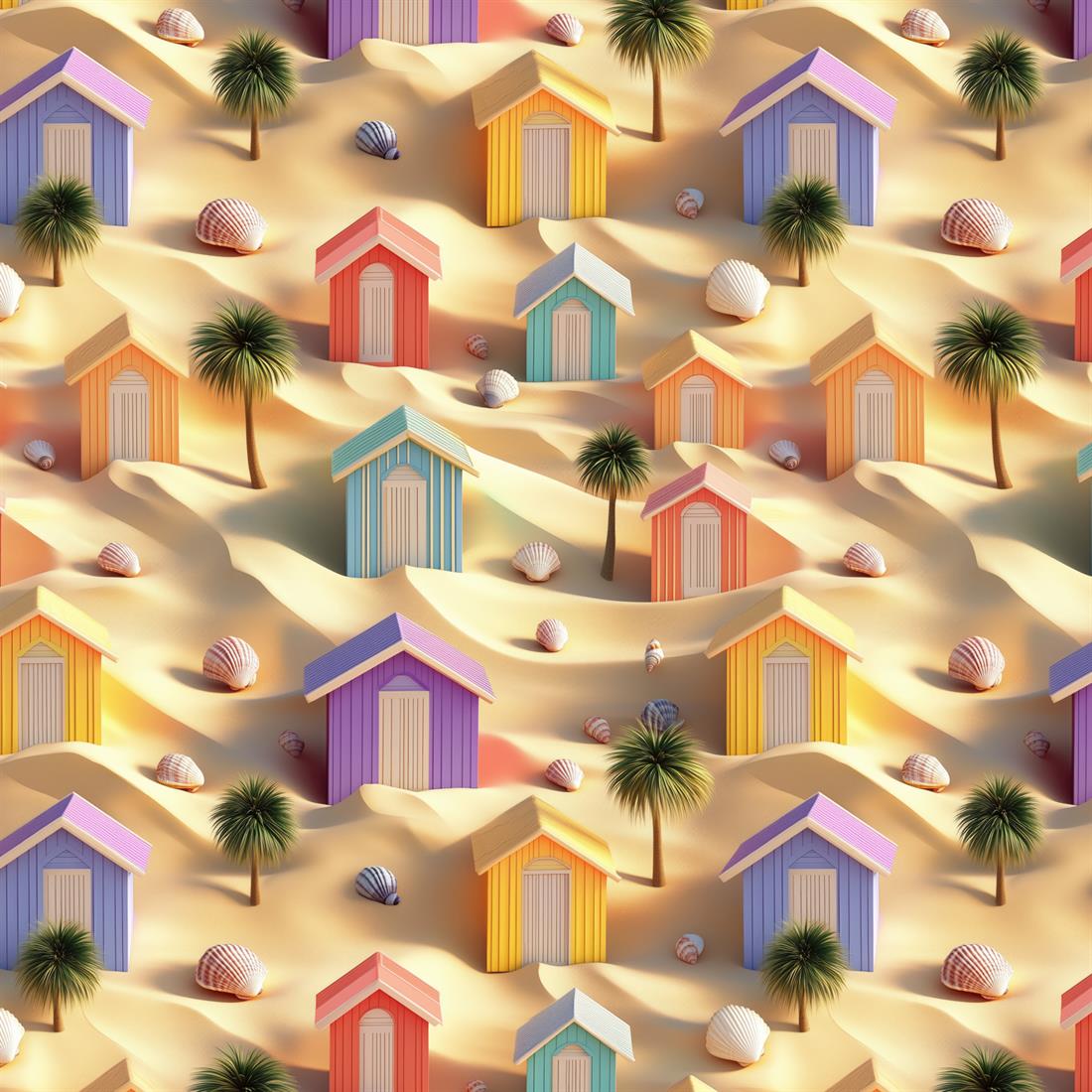 Beige Sandy Beach Huts Crafty Cottons Fabric