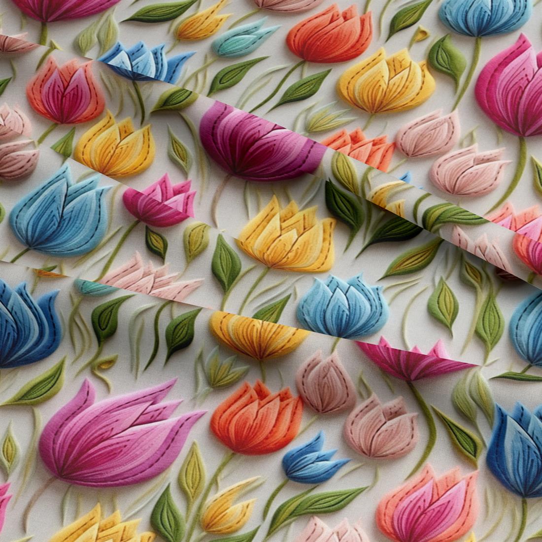 Ivory Embroidered Tulips Crafty Cottons Fabric