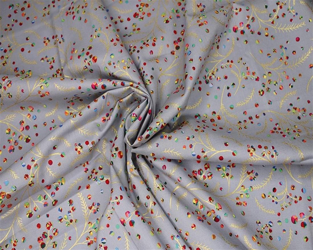 Silver Rainbow Holly Branches Metallic Cotton Printed 100% FabricThis…