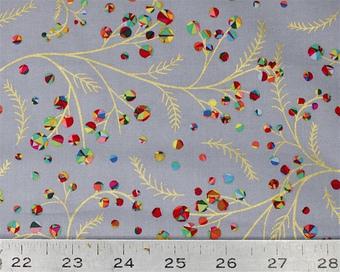 Silver Rainbow Holly Branches Metallic Cotton Printed 100% FabricThis…