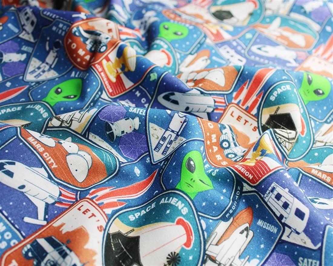 Blue Little Johnny Space Alien Badges Cotton Printed 100% FabricThis…