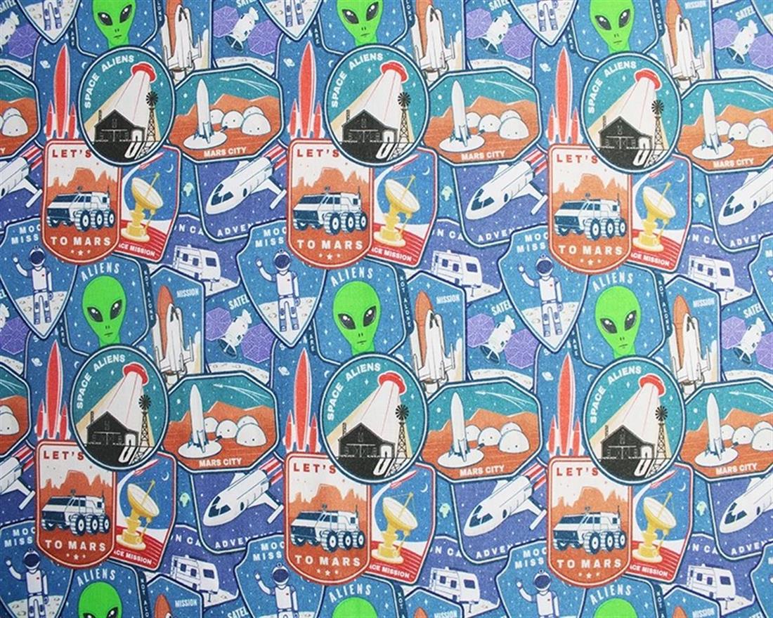 Blue Little Johnny Space Alien Badges Cotton Printed 100% FabricThis…
