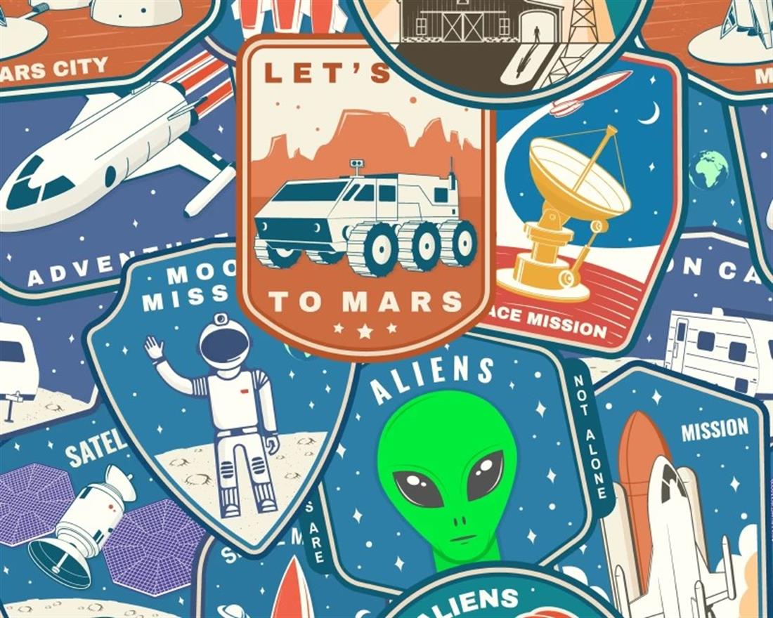 Blue Little Johnny Space Alien Badges Cotton Printed 100% FabricThis…
