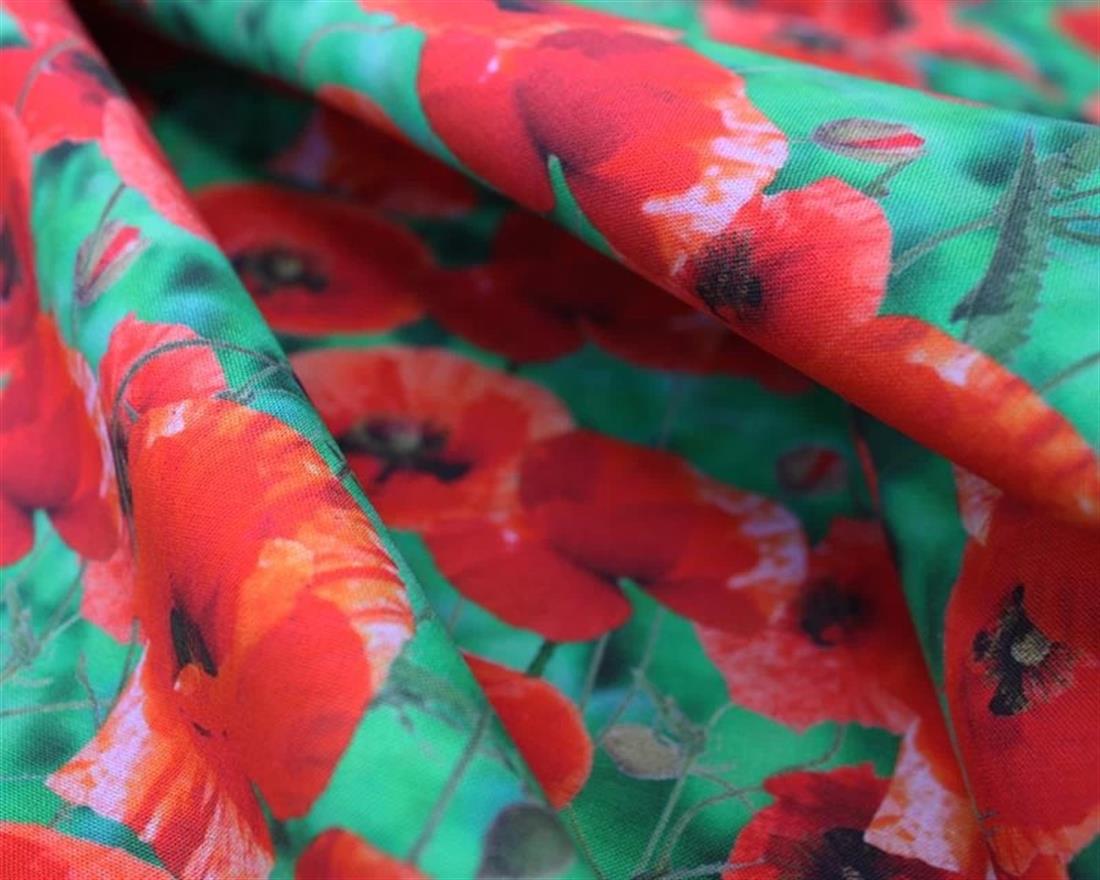 Green & Red Little Johnny Poppy Leaves Digital Cotton Printed 100%…
