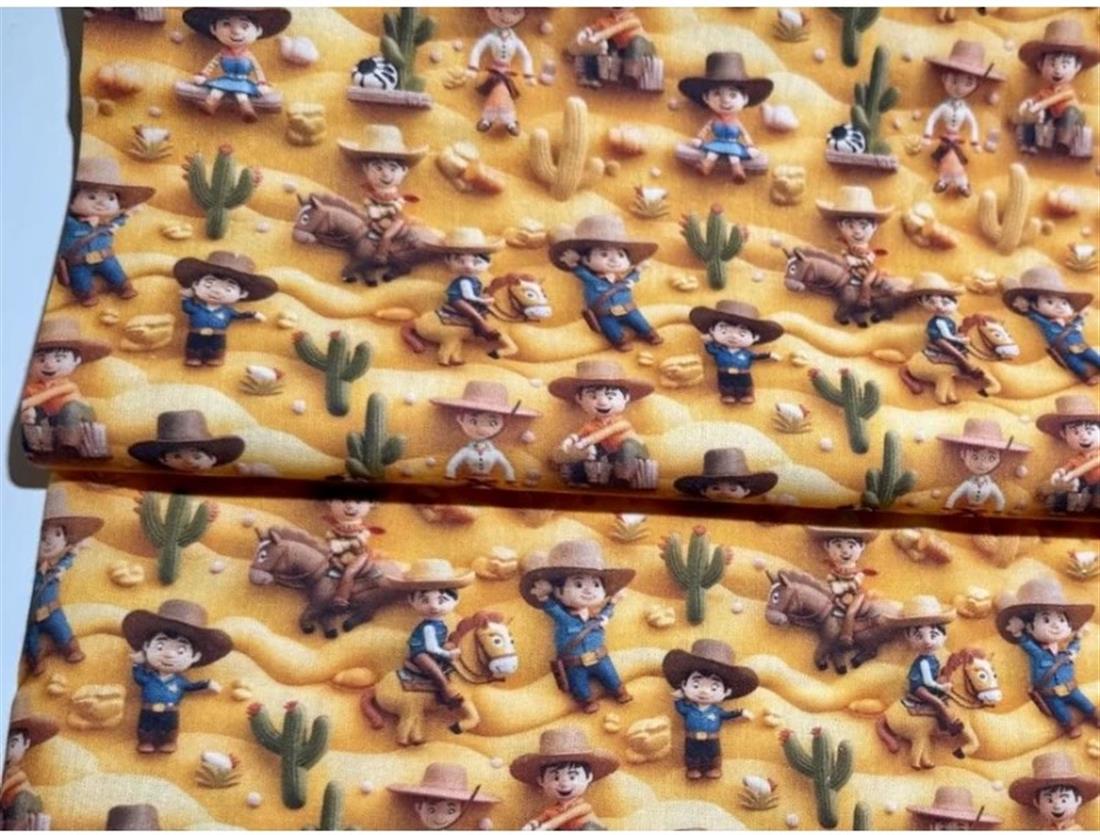 Beige Little Johnny Digital Cotton 3D Cowboy Printed 100% Fabric
