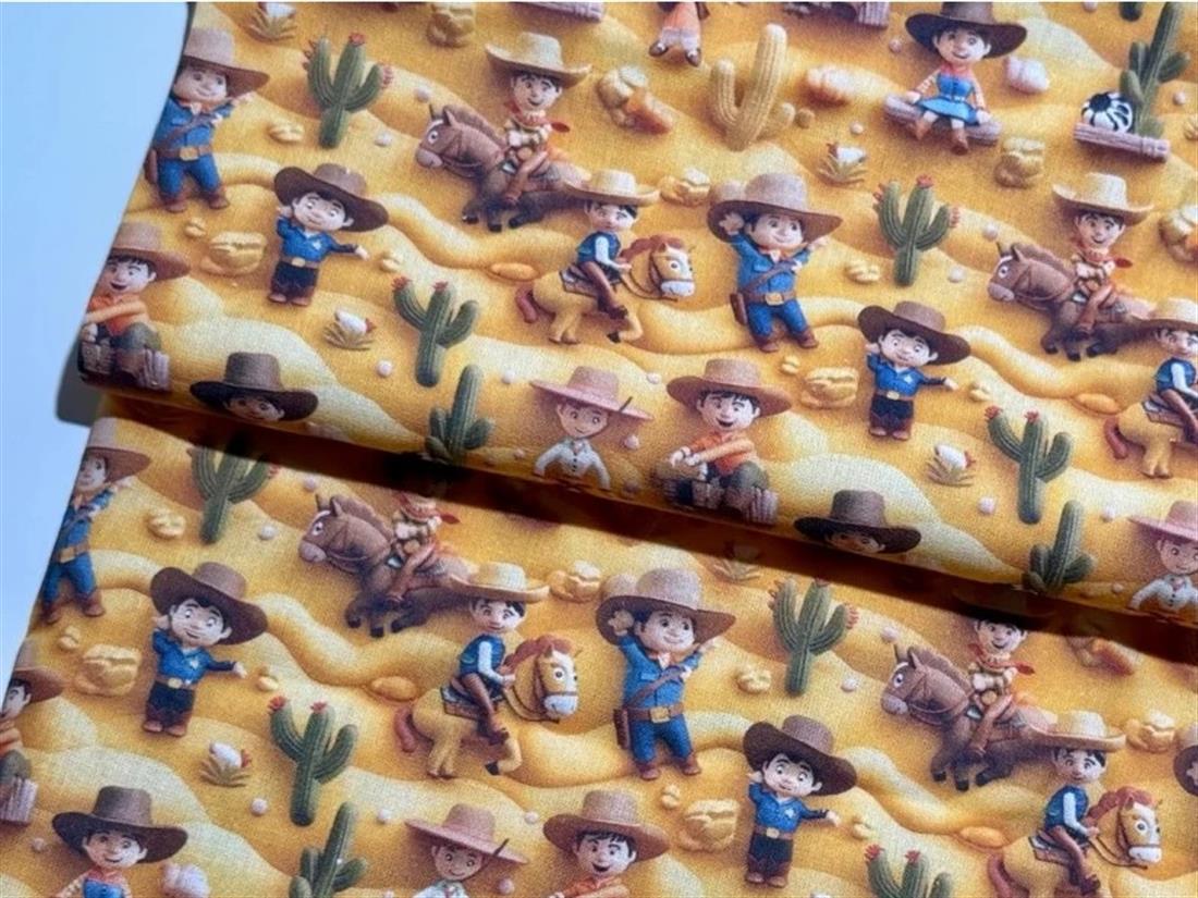 Beige Little Johnny Digital Cotton 3D Cowboy Printed 100% Fabric