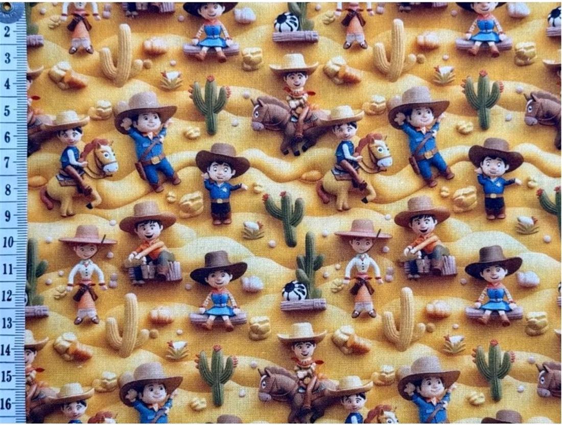 Beige Little Johnny Digital Cotton 3D Cowboy Printed 100% Fabric