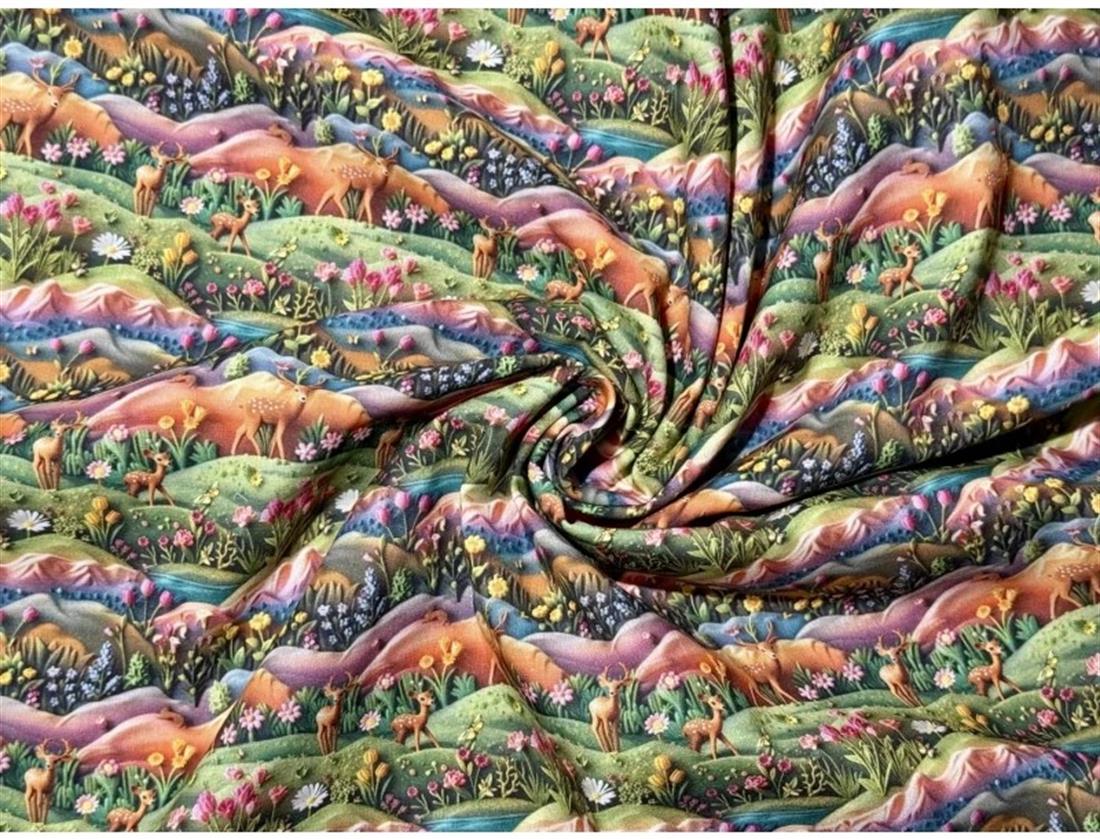 Green Little Johnny Digital Cotton 3D Deer Scene Printed 100% Fabric