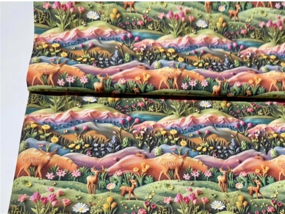 Green Little Johnny Digital Cotton 3D Deer Scene Printed 100% Fabric
