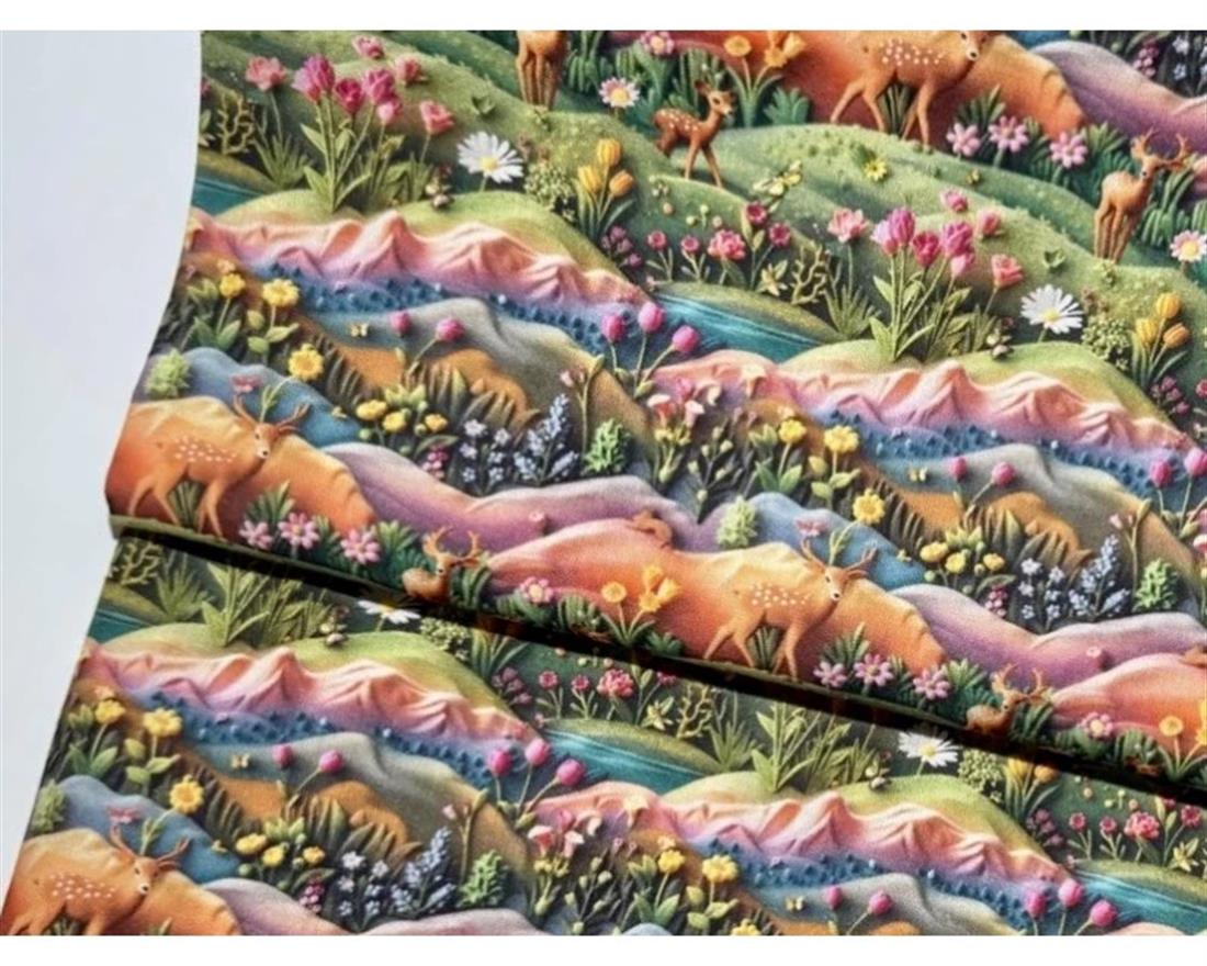 Green Little Johnny Digital Cotton 3D Deer Scene Printed 100% Fabric