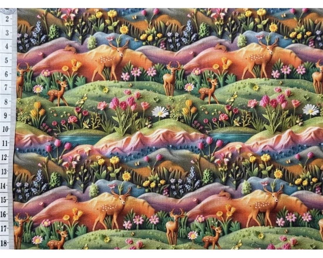 Green Little Johnny Digital Cotton 3D Deer Scene Printed 100% Fabric
