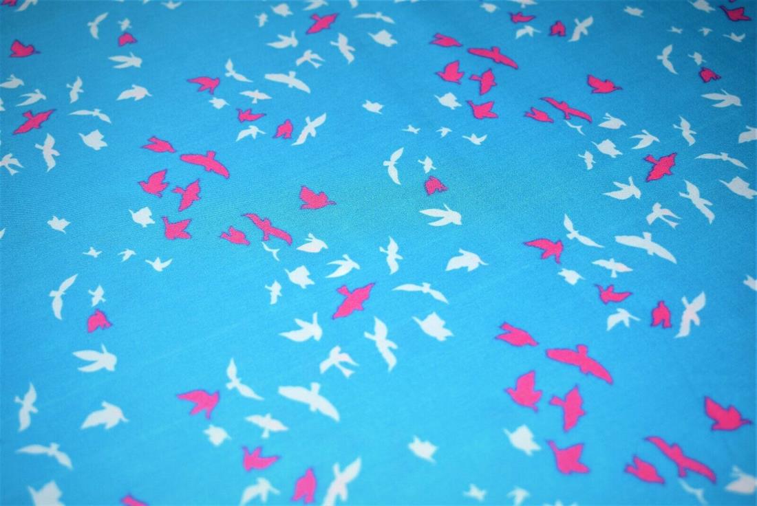 Blue Flying Birds Print Cotton Poplin Fabric