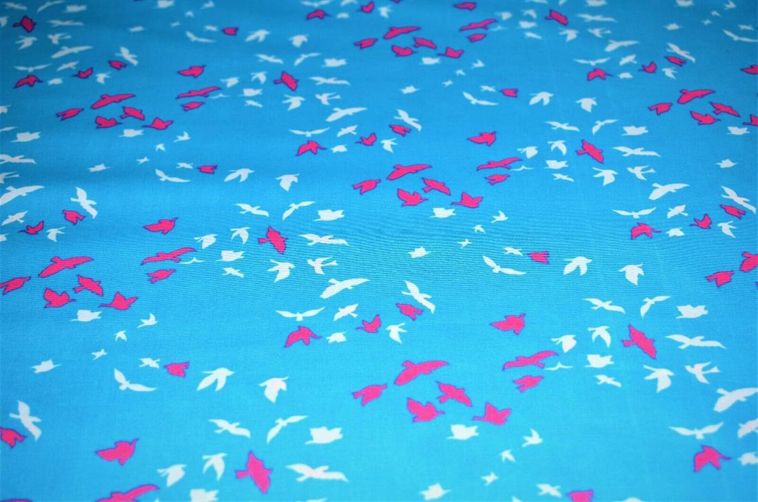 Blue Flying Birds Print Cotton Poplin Fabric