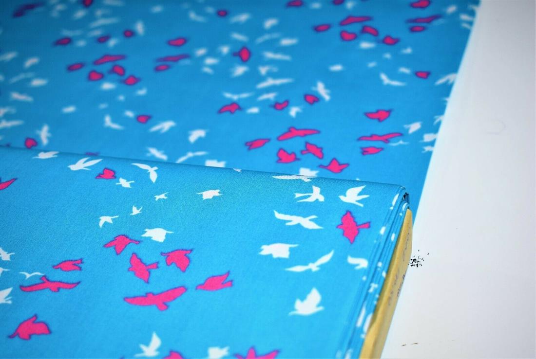 Blue Flying Birds Print Cotton Poplin Fabric