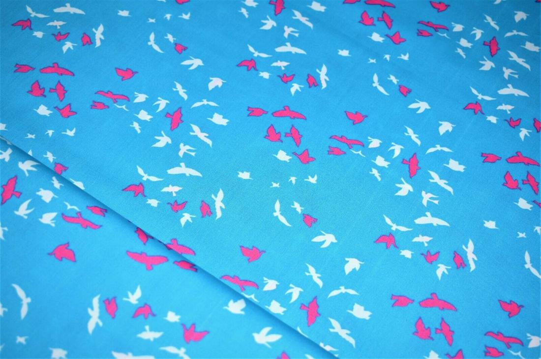 Blue Flying Birds Print Cotton Poplin Fabric
