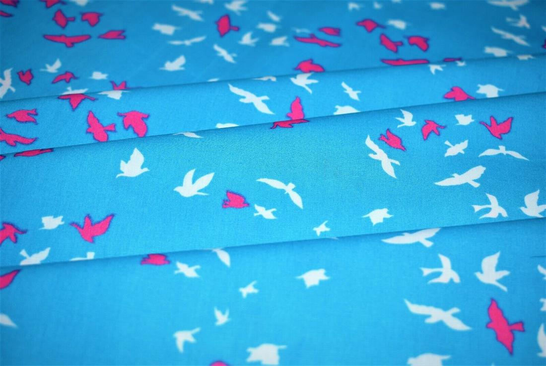 Blue Flying Birds Print Cotton Poplin Fabric