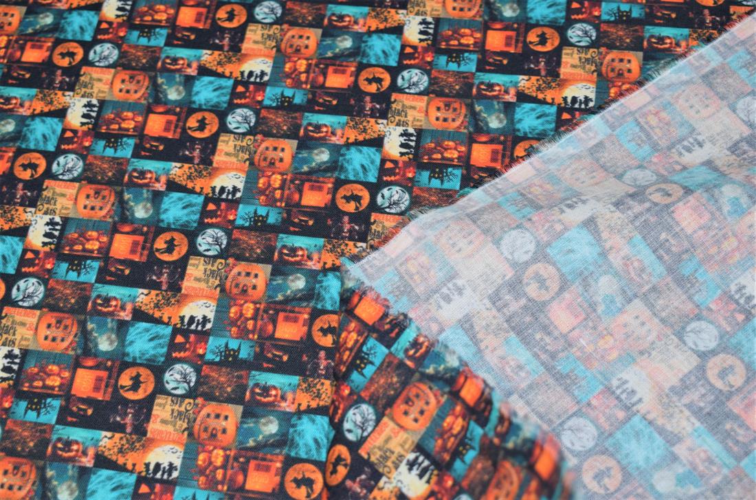 Brown Halloween Photo Montage Printed 100% Cotton Fabric