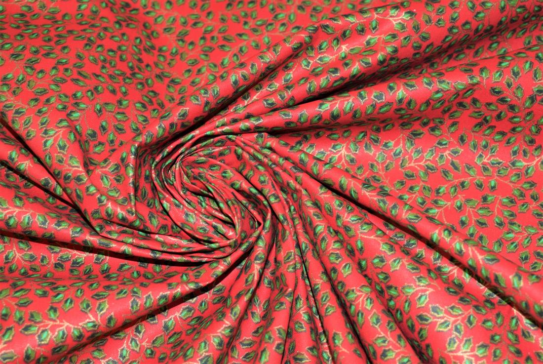 Holly Berry Leaves Print Christmas Fabric
