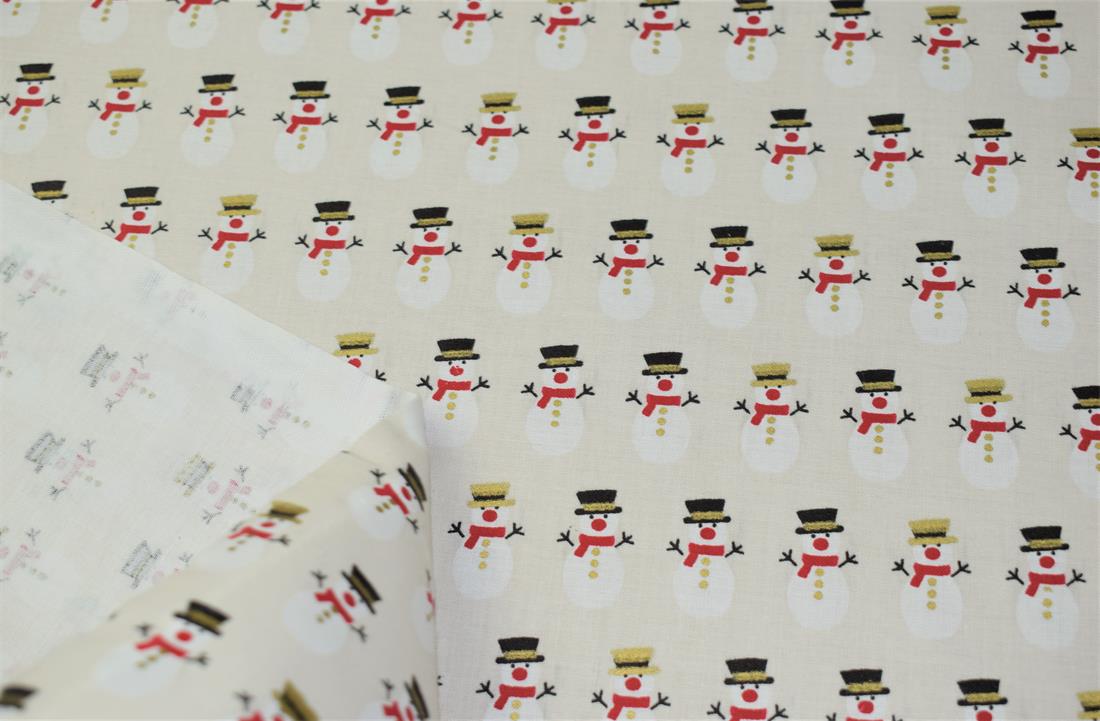 Cream Snowman Print Christmas Fabric