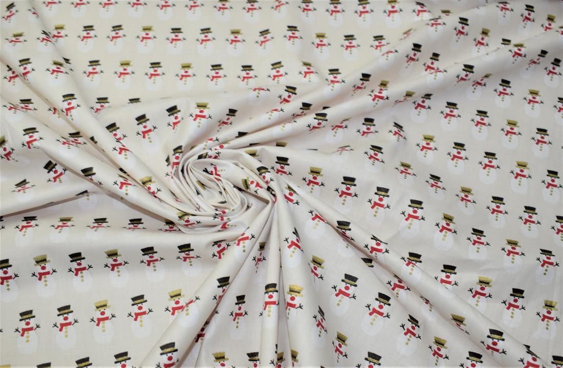 Cream Snowman Print Christmas Fabric