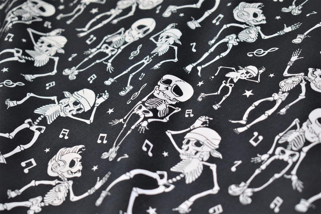 Black Dancing Skeleton Print Halloween Fabric