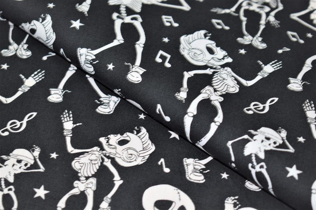 Black Dancing Skeleton Print Halloween Fabric