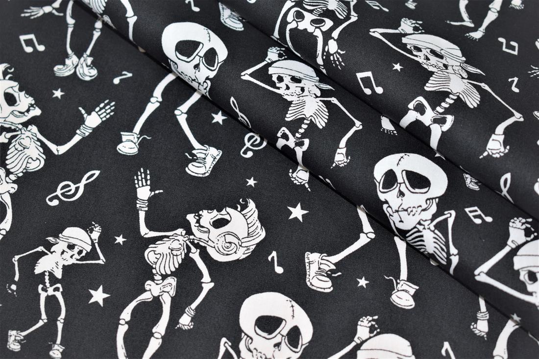 Black Dancing Skeleton Print Halloween Fabric