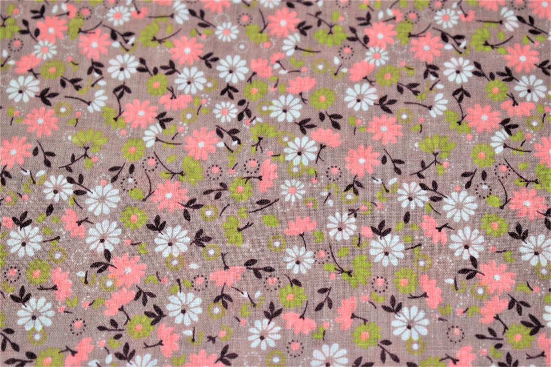 Beige Floral Print Cotton Poplin Fabric