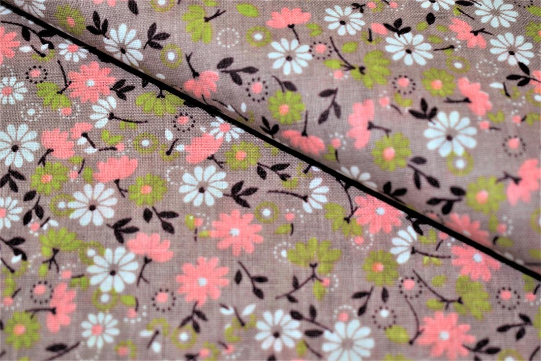 Beige Floral Print Cotton Poplin Fabric