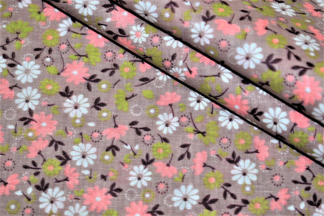 Beige Floral Print Cotton Poplin Fabric
