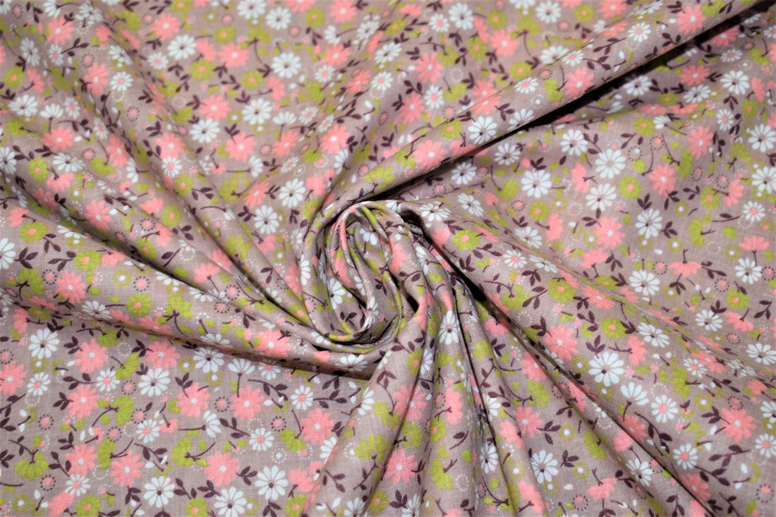 Beige Floral Print Cotton Poplin Fabric