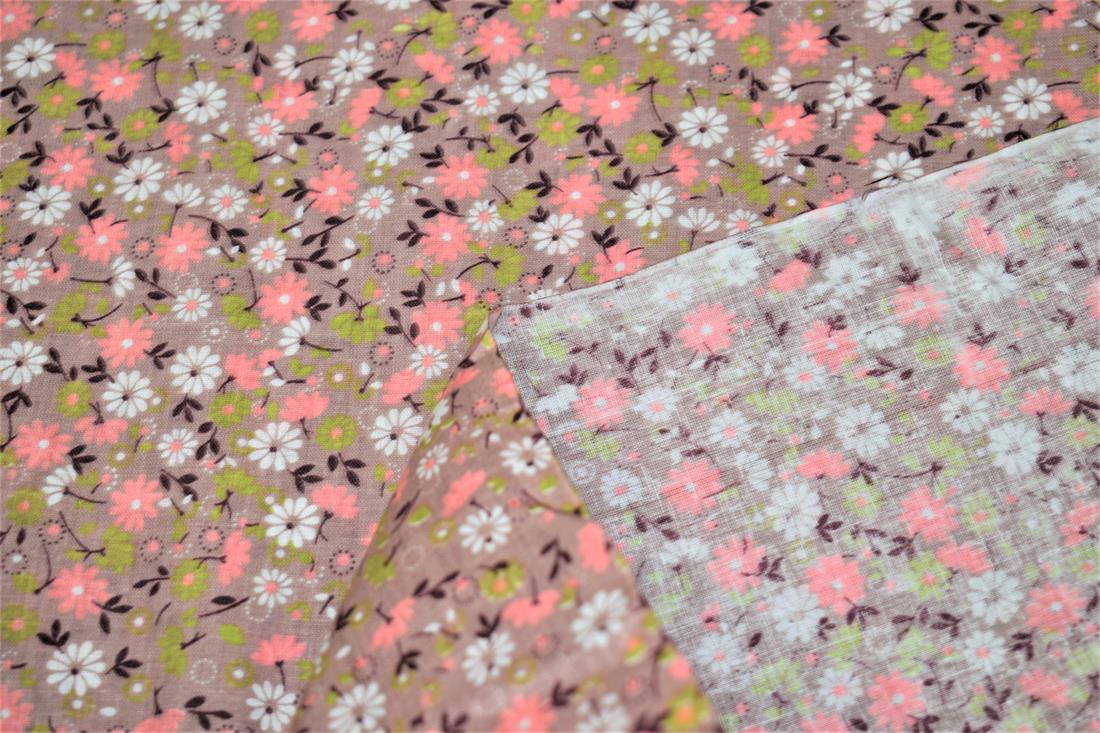 Beige Floral Print Cotton Poplin Fabric