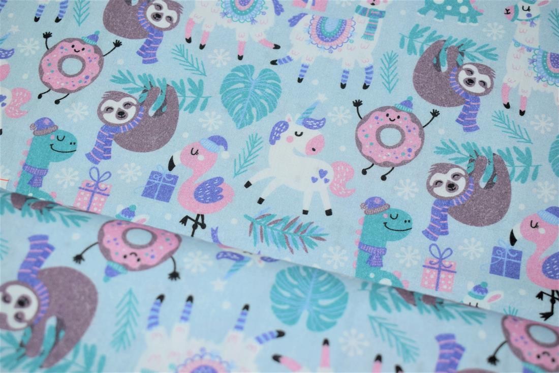Blue Sloths Xmas Party Print Cotton Fabric