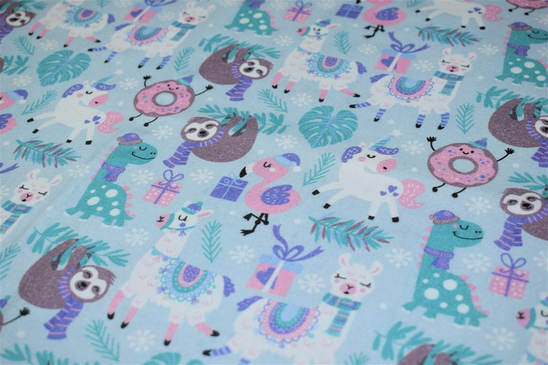 Blue Sloths Xmas Party Print Cotton Fabric