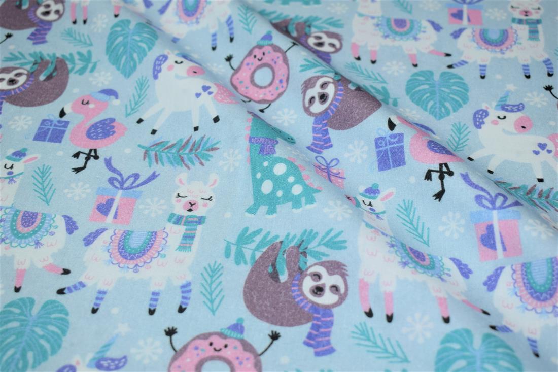 Blue Sloths Xmas Party Print Cotton Fabric