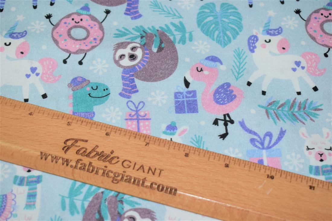 Blue Sloths Xmas Party Print Cotton Fabric
