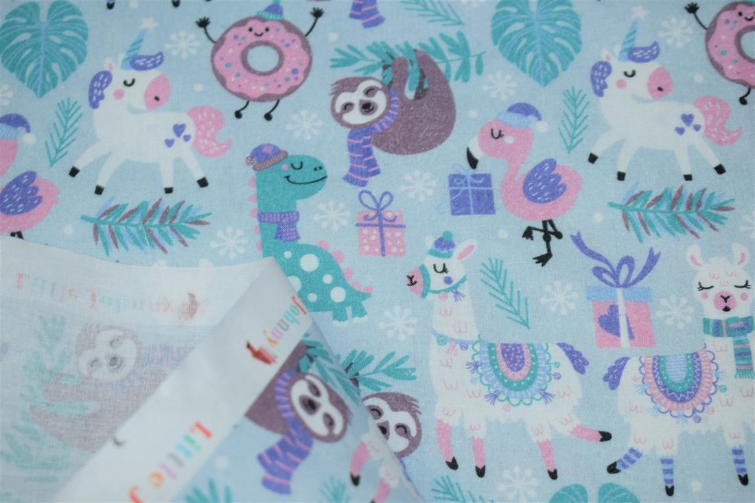 Blue Sloths Xmas Party Print Cotton Fabric