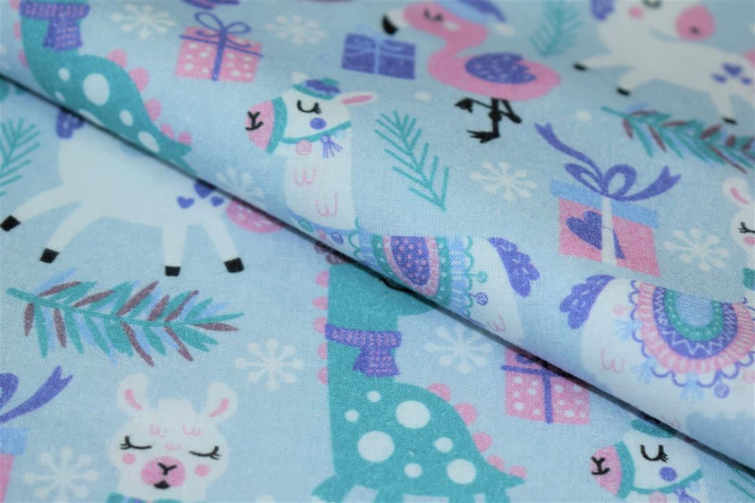 Blue Sloths Xmas Party Print Cotton Fabric