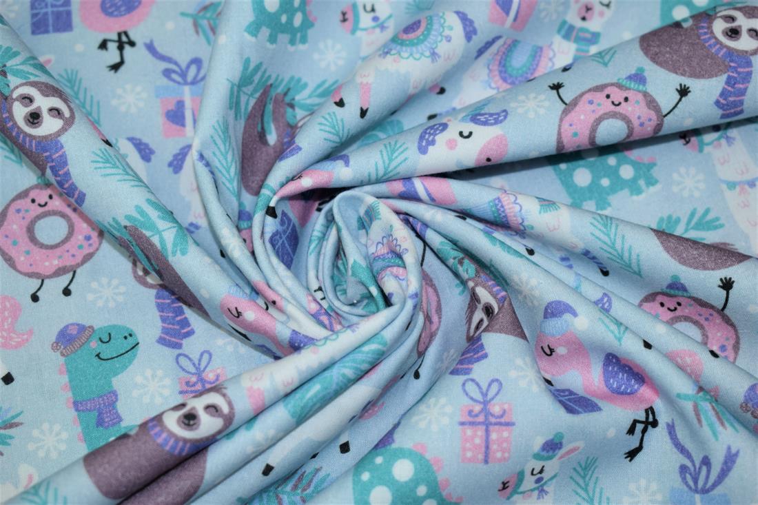 Blue Sloths Xmas Party Print Cotton Fabric