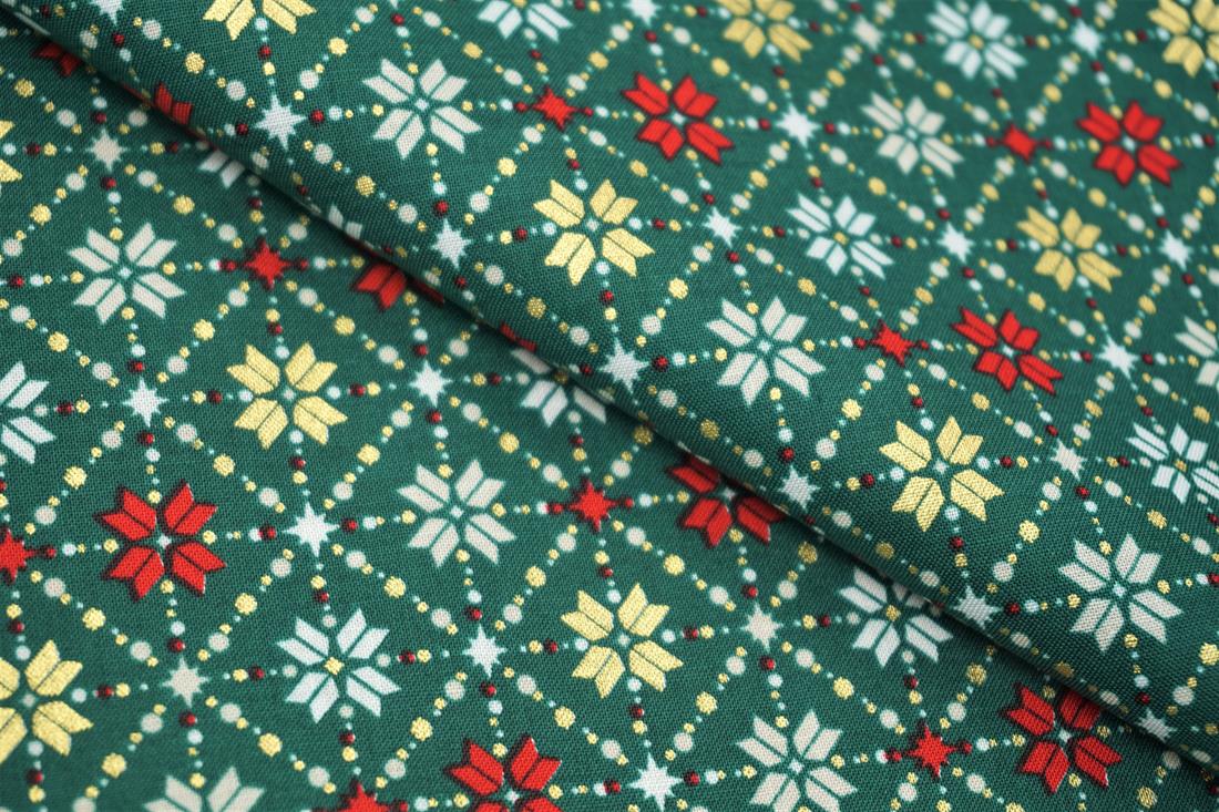 Xmas Snowflake Print Christmas Metallic Fair Isle 100% Cotton Fabric