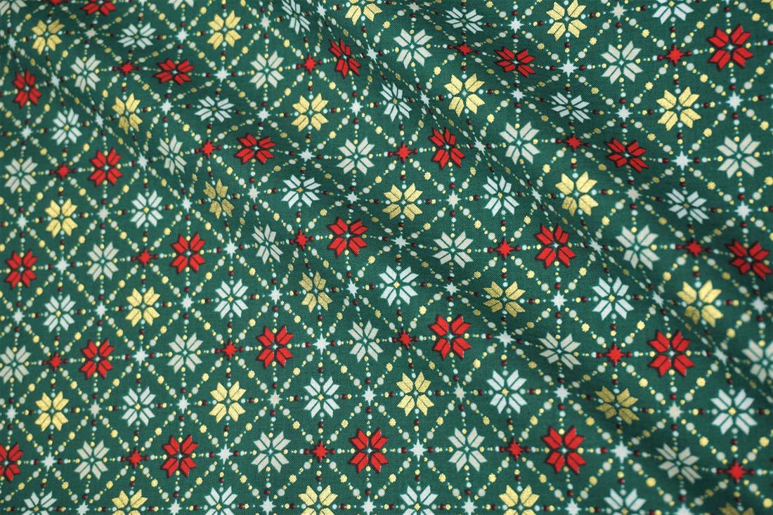 Xmas Snowflake Print Christmas Metallic Fair Isle 100% Cotton Fabric