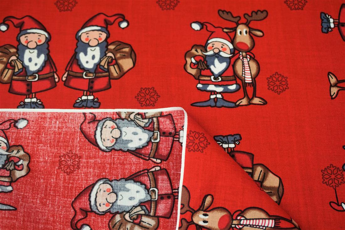 Xmas Santa Reindeer Print Cotton Fabric