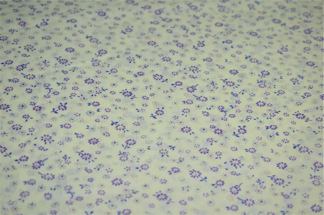 White & Purple Flower Print Cotton Poplin Fabric