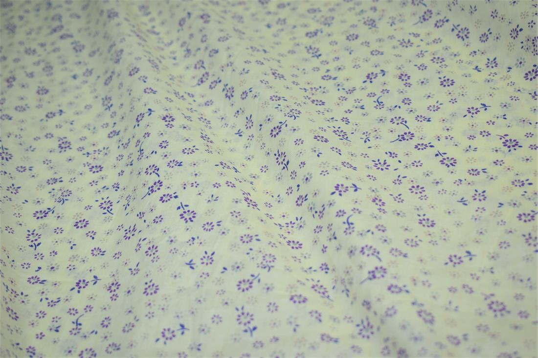 White & Purple Flower Print Cotton Poplin Fabric
