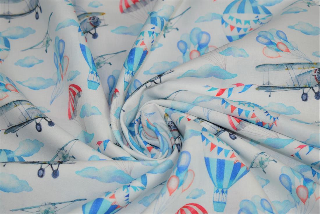 White & Blue Little Johnny Vintage Airplanes 100% Digital Cotton…